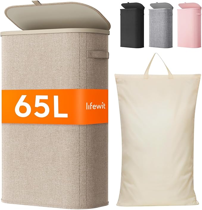 Lifewit 65L Slim Laundry Basket with Lid, Narrow Large Laundry Hamper with Plastic Handles and Removable Bag, Tall Foldable Dirty Clothes Hampers for Laundry Room, Bedroom, Bathroom, Dorm, Beige