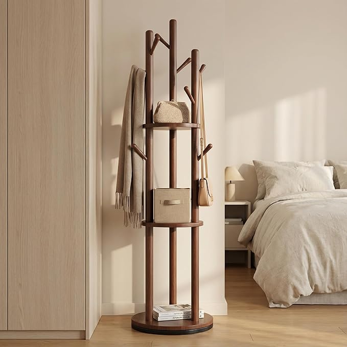 Solid Wood Freestanding Coat Rack, Coat Tree with 3 Shelves & 9 Hooks, 360° Smooth Rotation, Space-Saving Corner Coat Rack, Coat Hanger Stand for Entryway, Bedroom, Living Room(Walnut)