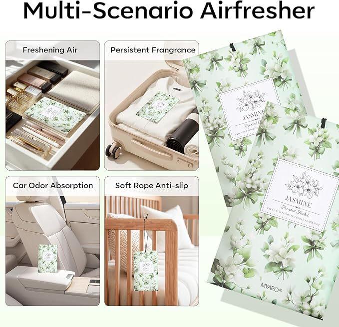 MYARO 20 Pack Jasmine Scented Sachets - Fresh Drawer & Closet Air Freshener Bags, Odor Eliminator for Bathroom, Lingerie Drawers, Car & Travel