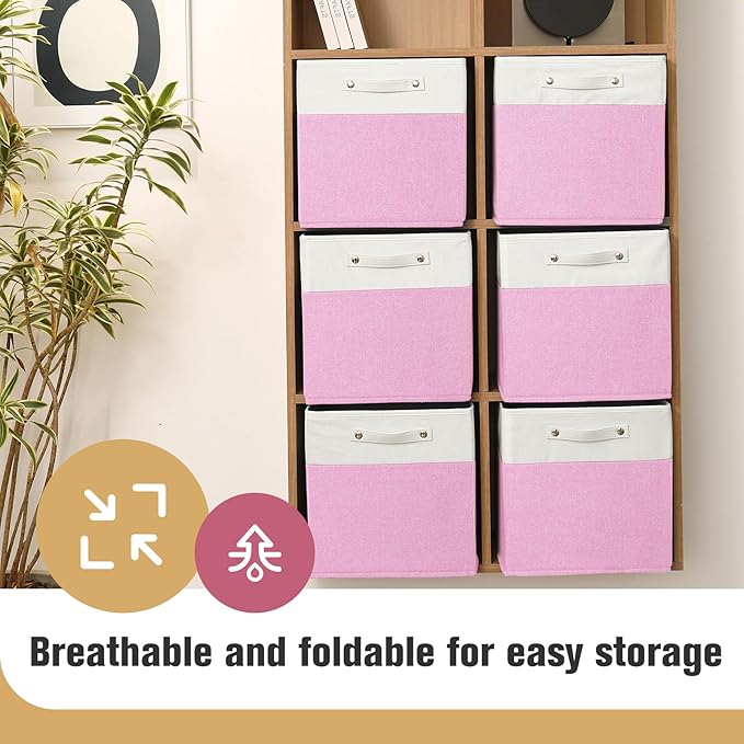 13 x 13 Inch Fine Linen Storage Bins with Handles，Fabric Cube Boxs，Basket Organizers for Shelves for Home, Closet Drawers (White/Pink-4 Pack)