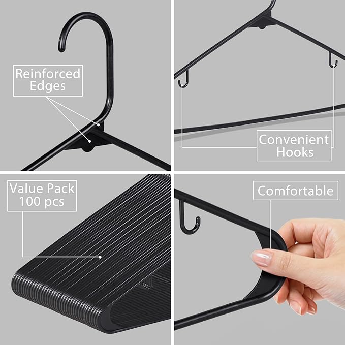 ZENY Plastic Hangers 100 Pack - Clothes Hanger with Hooks - Skirt Hangers - Durable & Space Saving Coat Hanger - Hangers for Coats, Skirts, Pants, Dress (Black)