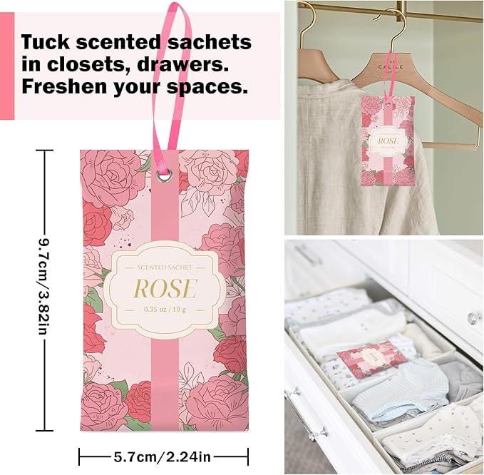 SCENTORINI Scented Sachets for Drawers and Closets, Rose Scent 14 Pack, Long-Lasting Sachets Bags, Closet Freshener Sachet for Drawers, Suitcases, Handbags, Wardrobe Freshener
