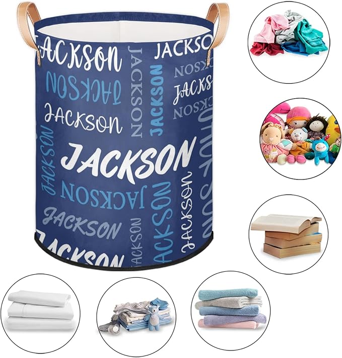 Custom Name Large Laundry-Basket for Kids-Boys-Girls, Personalized Foldable Waterproof Laundry Hamper Dirty Clothes Toys Storage Bin with Handles,Blue