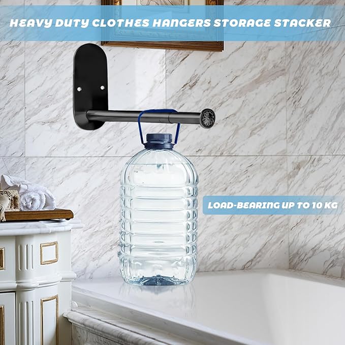 2-Section Stainless Steel Clothes Hanger Storage, Retractable Space Saving Clothes Hanger Storage Organizer, Wall Mount Clothes Rack Organizer, Adhesive or Drilling Installation (Black)