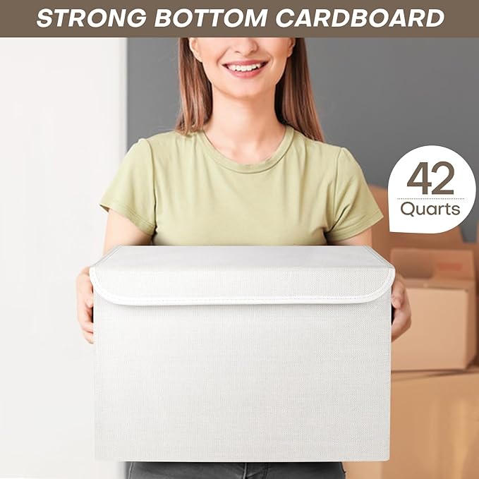 Large 17" 42 Quarts Collapsible Stackable Storage Bins with Lids [3-Pack] Foldable Fabric Linen Storage Boxes Cube, Closet Organizer Baskets with Label (16.7 x 12 x 12, White)