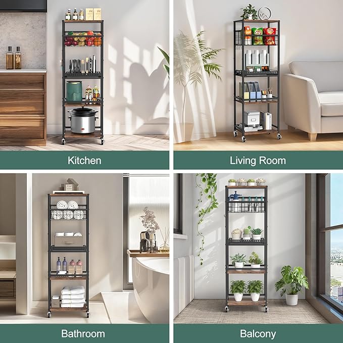 Housolution 5 Tier Kitchen Rolling Cart, Storage Cart with Metal Fruit Vegetable Basket and Pull-Out Pot Lid Cutting Board Organizer, Storage Rack with Wooden Top for Kitchen, Pantry, Bathroom