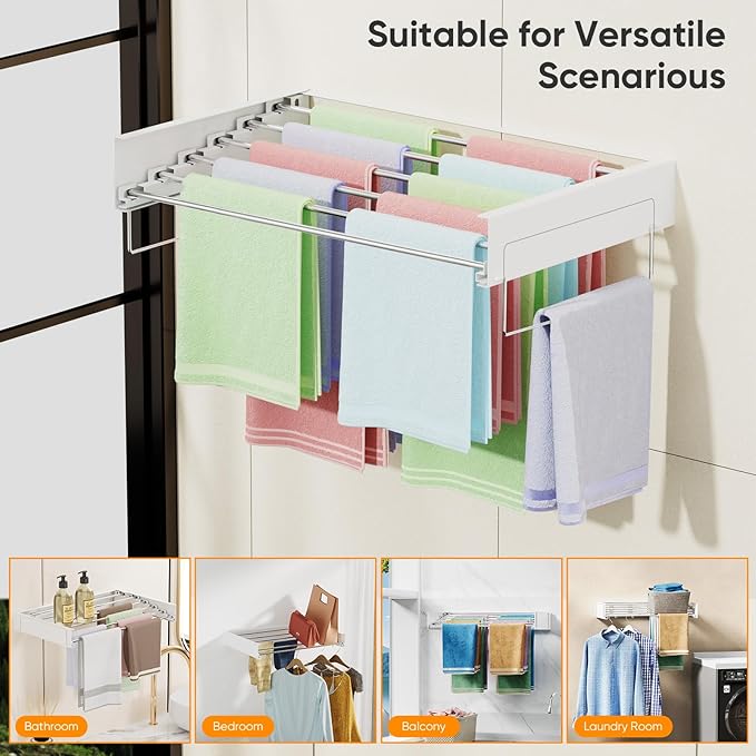 Wall Mounted Clothes Drying Rack, Laundry Drying Rack Clothing Wall Mount, Laundry Hanger Foldable with 2 Towel Handles and Wall Template for Hanging Clothes, Space Saving, 6 Rods, 40 Inch, White