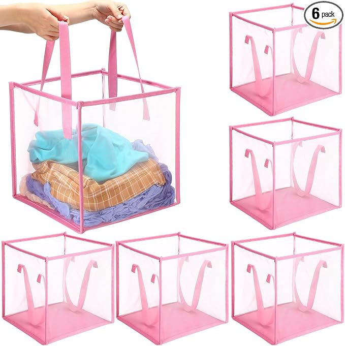 Zopeal 6 Pack Popup Laundry Hamper 13 Inch Collapsible Laundry Baskets with Handles Mesh Clothes Baskets Portable Single Layer Foldable Clothes Hamper Square Bin for Washing (Pink,Single-layer)