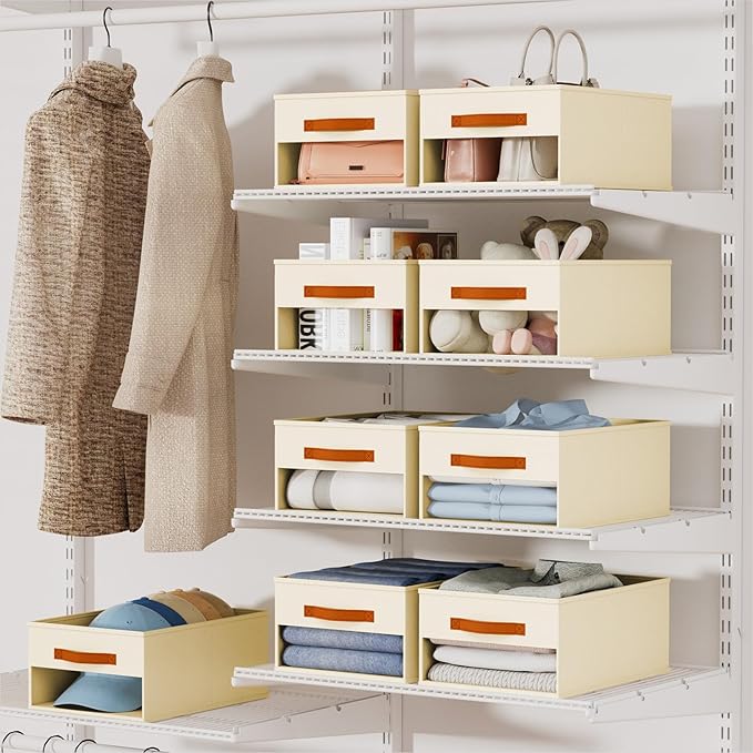 Drawer Organizers and Storage - 8 Pack Foldable Pants Organizer with Clear Window & Handles, Fabric Closet Organizer for Clothes, Jeans, Sweaters, Towels, T-shirt, Scarf (Beige)