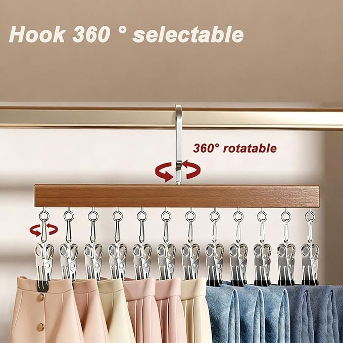 Closet Organizer with 12 Clips, 360° Rotating Pants Hangers for Jeans Leggings Skirts, Space Saving Hanging Storage for Scarves Hats Ties Socks, Multi-Purpose Rack for Bedroom Closet Wardrobe (A)