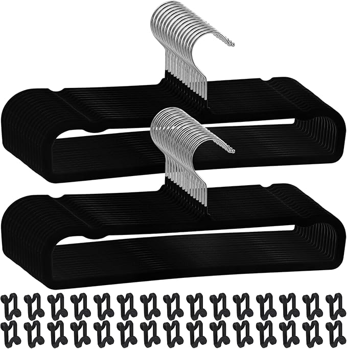 Velvet Pants Hangers Non Slip, 30 Pack Velvet Hangers for Closet with 30 Hooks, Strong Durable Space Saving Slim Clothes Hanger, Ultra Thin Flocked Hanger for Pants, Shirts, Bra, Shorts (Black)