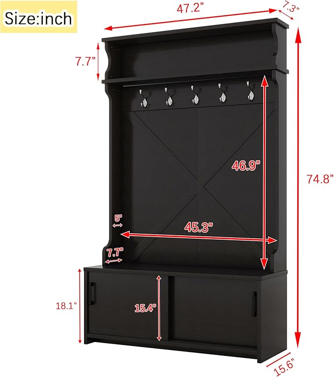 Modern 47'' Wide Hall Tree with Top Shelf and Storage Bench, Hallway Shoe Cabinet with Sliding Doors, Coat Rack with 5 Hanging Hooks for Entryways Hallways (Black-8.18)