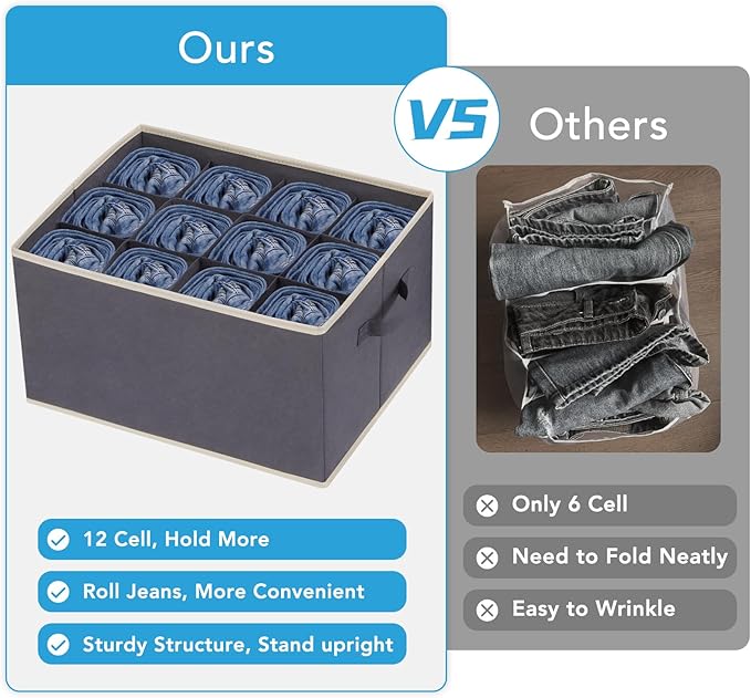 6 Pcs 12 Cell Large Size Pants Organizers for Clothes, Jeans, Sweater, T-shirt, Dress Stackable for Wardrobe Closet Drawer Organizer Storage Bin Container, Dark Grey