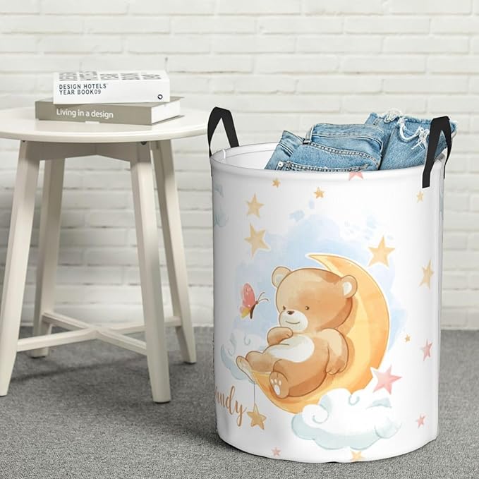 Personalized Laundry Basket for Nursery, Custom Nursery Laundry Hamper with Name, Customize Baby Clothes Circular Hamper for Boys Girls Room Decor, Bear