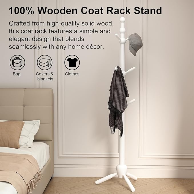 Solid Coat Rack Stand, Coat Rack Freestanding with 9 Hooks and Adjustable 3 Heights, Tree Coat Stand with Triangle Base for Entryway, Bedroom, Hallway, White