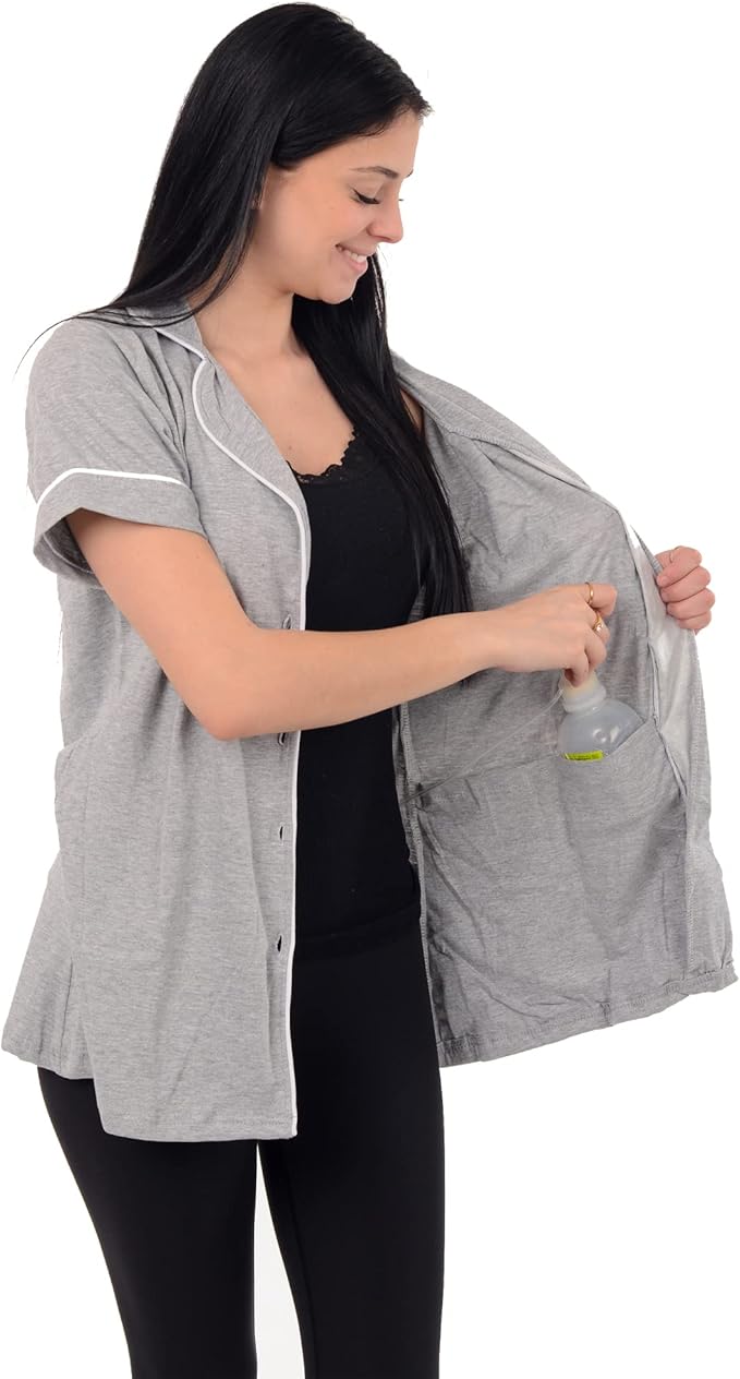 USBD Post Mastectomy Shirt with Drain Pockets Lapel Collar Post Op Button Down Recovery Tops