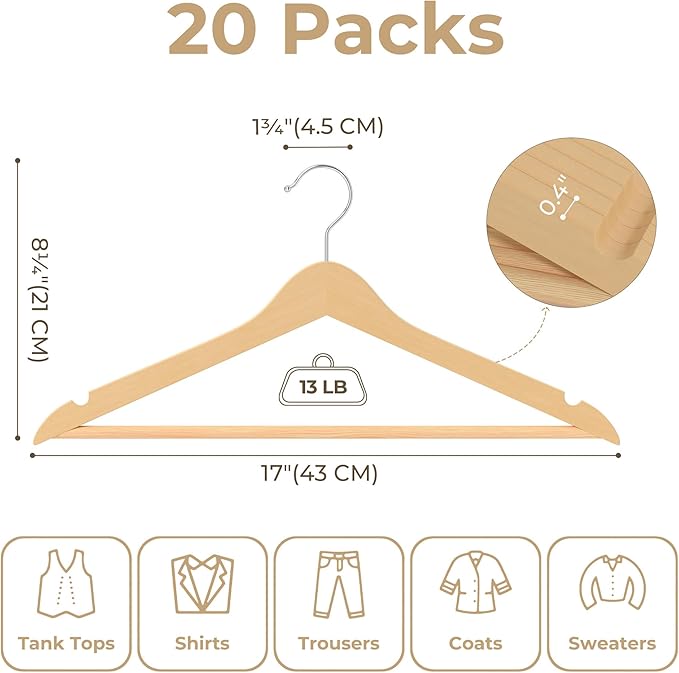 GRANNY SAYS Clothes Hangers for Closet, 20 Pack Wood Hangers, Heavy Duty Wooden Hangers for Coats, Suits, Pants, Natural Wood Color