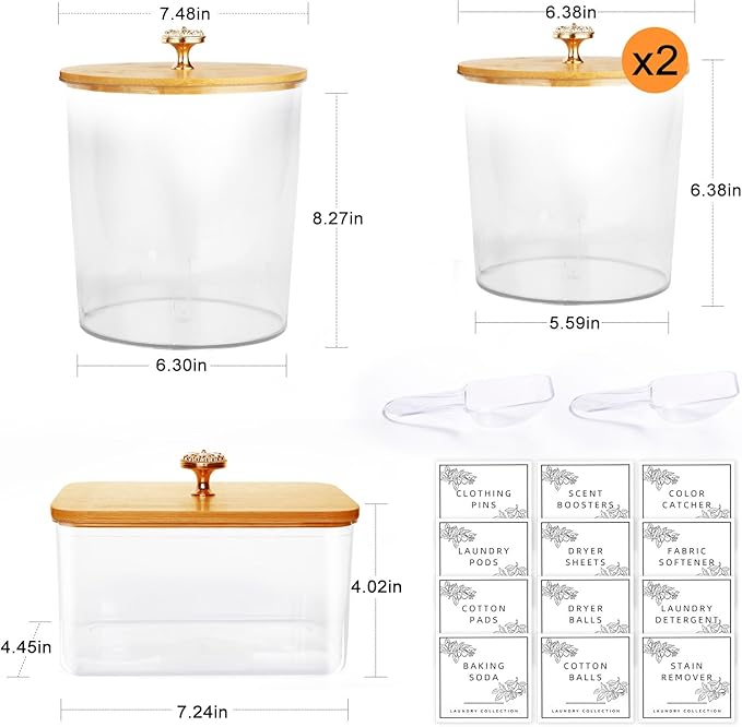 4 Pack Laundry Room Organization Storage Containers Acrylic Jars and Dryer Sheet Holder with Lids and Labels for Laundry Detergent Laundry Pods Containers Dry Sheet Organizing
