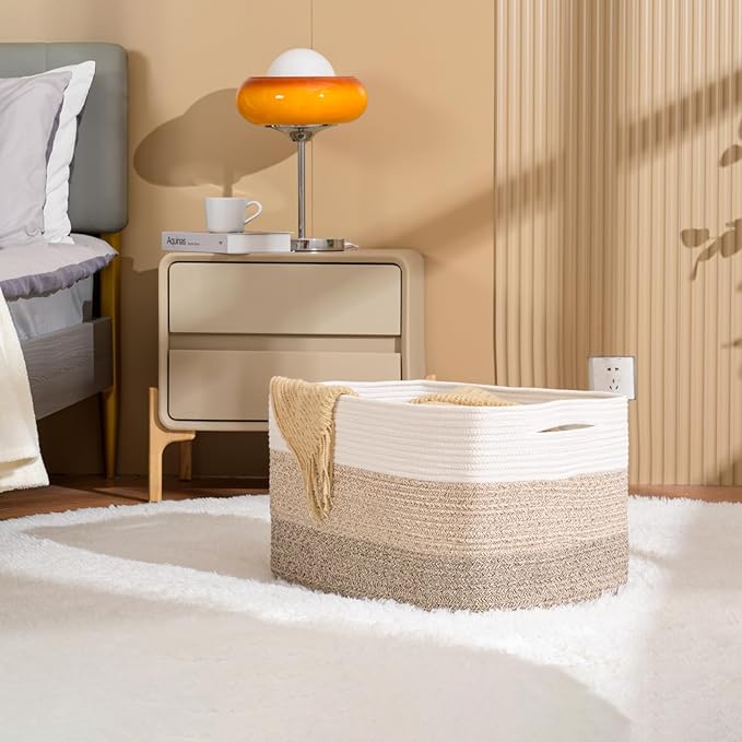 Large Rectangle Blanket Basket, Large Storage Basket for Organizing, Cotton Rope Woven Basket for Storage with Handles, Baby Nursery Living Room Bedroom, 22”x17”x12”, 75L