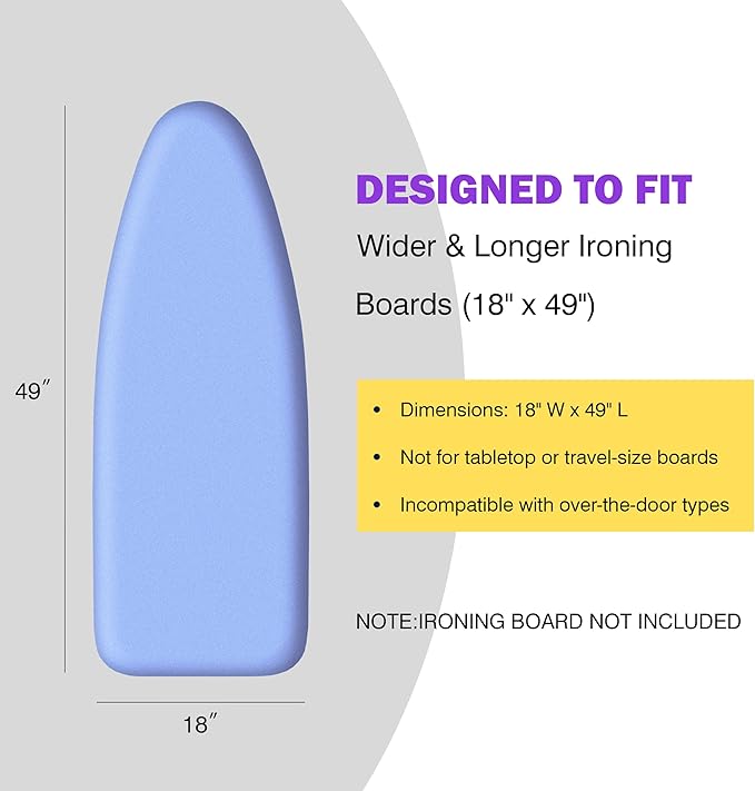Ironing Board Cover and Pad 18x49 Large, Extra Thick Natural Cotton, Silicone Coated, Scorch Resistant, Elastic Edge with Hook Loop Strap, Wide Iron Board Padding, Heatproof Blue