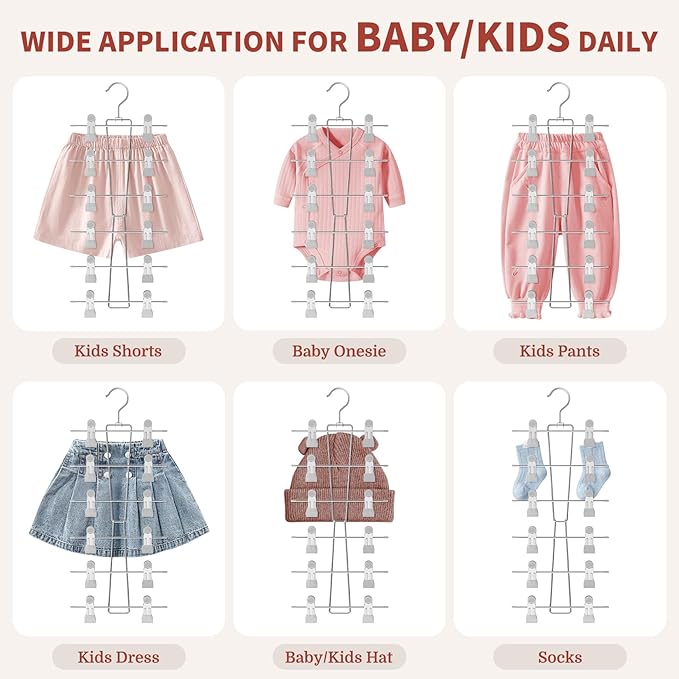 DOIOWN 6-Tier Baby Hangers with Clips - Space Saving Kids Pants Hangers for Babies & Kids Pant,Clothe,Adjustable Toddler Clothes Hanger for Newborn Children Closet Organization Gray 4Pack