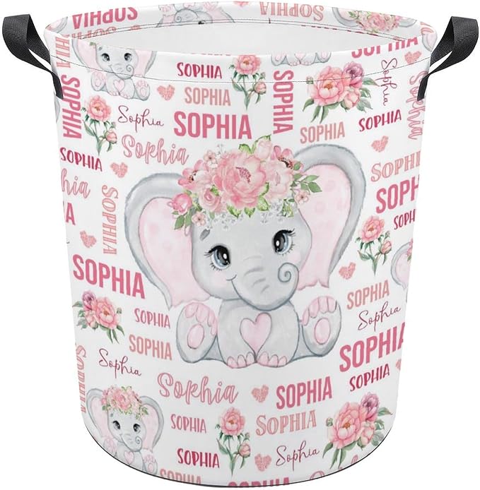 Elephant Laundry Basket,Personalized Laundry Hamper for Boys Girls,Custom Laundry Basket With Name, Customized Dirty Clothes Hamper for Bathroom Bedrooms,M-19.5"X 15.7"