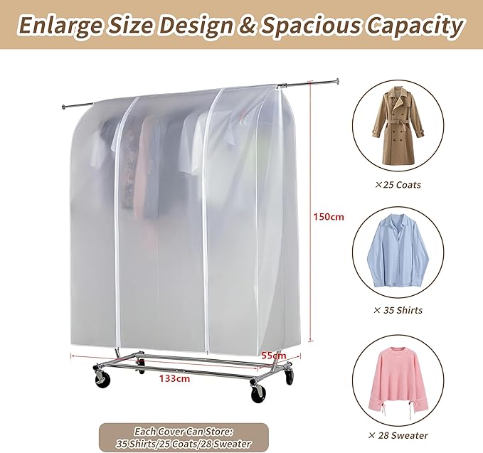 Clothes Rack Cover HLC 52" Garment Rack Cover Large PEVA Translucent Clothing Dustproof/Waterproof Cover With 2 Durable Zipper Protector for Suits, Coats, Sweaters, Shirts (Not Including Frame）