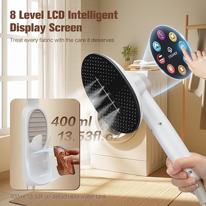 2-in-1 Handheld Steamer for Clothes & lron, 145oW Portable Garment Steamer with Smart LCD Display, 40oml Large Tank,8 Steam Levels, 90° Rotating Head, Fast Heat & Auto-Off for Home/Travel