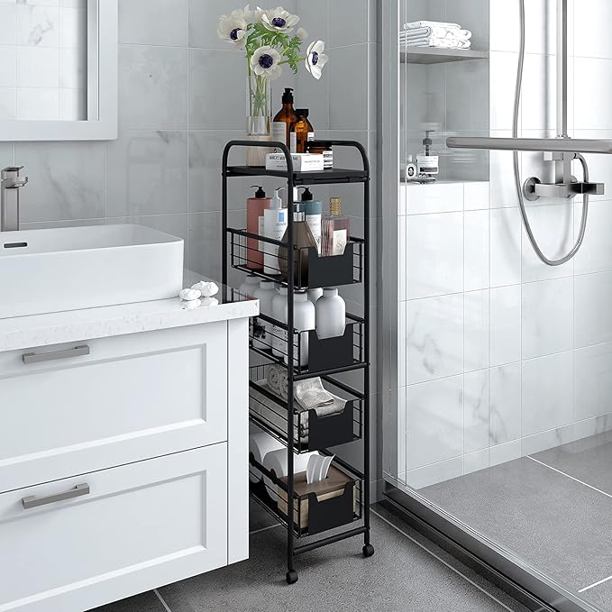 WHIFEA 5 Tier Slim Rolling Cart with Pull-Out Drawers, Multi-Layer Narrow Storage Shelf Organizer on Wheels, Metal Wire Baskets for Fruit, Dishes, Freestanding Unit for Kitchen, Bathroom, Home Office