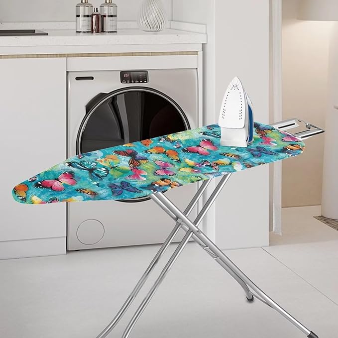 Colorful Butterfly Heat Reflective Iron Pad for Board Top Stain Resistant Stretchable Premium Fabric Non Stick Scorch Standard Size Ironing Board Cover for 15 x 54 Inch Ironing Boards