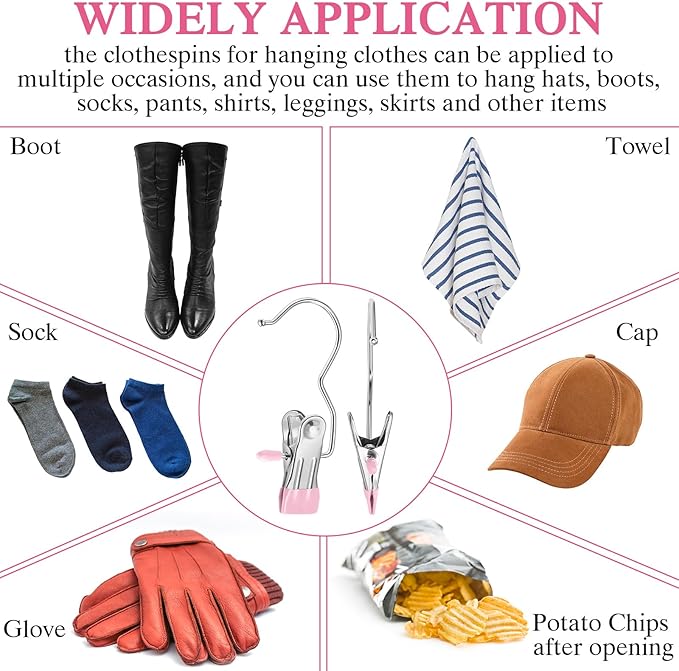 Yinder 250 Pcs Boot Hangers Clips Laundry Hooks Hanging Stainless Steel Clothes Pins Portable Clip Hangers for Closet Travel Socks Pants Handbags Hats Towels (Pink)