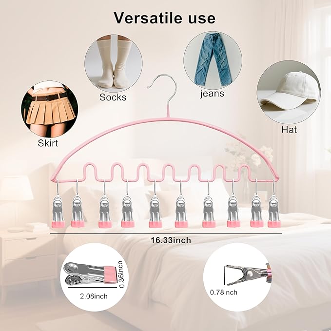 Legging Organizer for Closet,Metal Wave Design Pants Hanger with 10 Clips 7 Hooks, Closet Storage for Pants, Skirts, Hats (Pink, 1Pack)