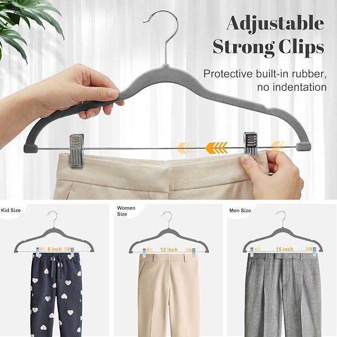 HOUSE DAY Velvet Skirt Hangers 36 Pack, Grey Velvet Hangers with Adjustable Clips, Space Saving Slim Felt Pant Hanger, Heavy Duty Shorts Hanger, Non Slip Clip Hangars for Pants, Skirts, Shorts