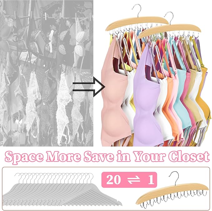 2 Pack Bra Organizer for Closet, 360° Rotating Bra Hanger Space Saving w/20 Foldable Metal Hooks, Tank Top Hanger Closet Organizers and Storage for Camisoles/Tank Tops/Bras/Belts/Scarves Wood