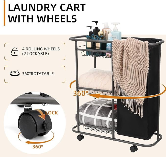 Rolling Laundry Cart with Wheels: 3-Tier Laundry Caddy Between Washer and Dryer - Heavy Duty Wrapping Paper Cart with 45L Bag for Narrow Space Laundry Room Bathroom Bedroom Black