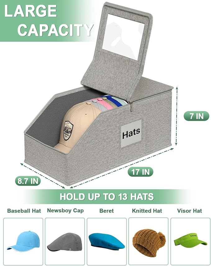 Stackable Hat Organzier for Baseball Caps - 2 PCS Hat Storage Holder Holds up to 26 Caps for Closet, Dust-Proof Hat Boxes Container with Clear Window for Home