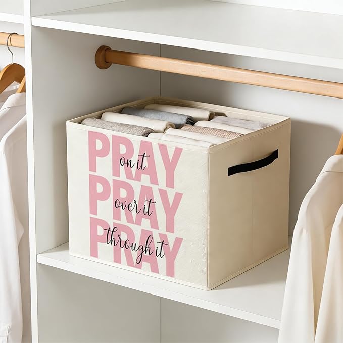 Pink Christian Storage Bin Box with Handles, Pray on It Pray over It Bible Verse Religious Foldable Baskets Organizer for Bedroom Bathroom Home Clothes Toys Books, Toybox for Girls