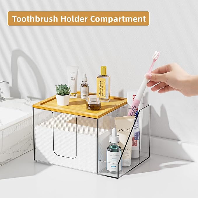 VITVITI Disposable Face Towel Holder Box, Acrylic Clean Skin Club Facial Towel Container with Toothbrush Holders, Large Disposable Face Towels Storage for Bathroom Vanity Makeup, Clear