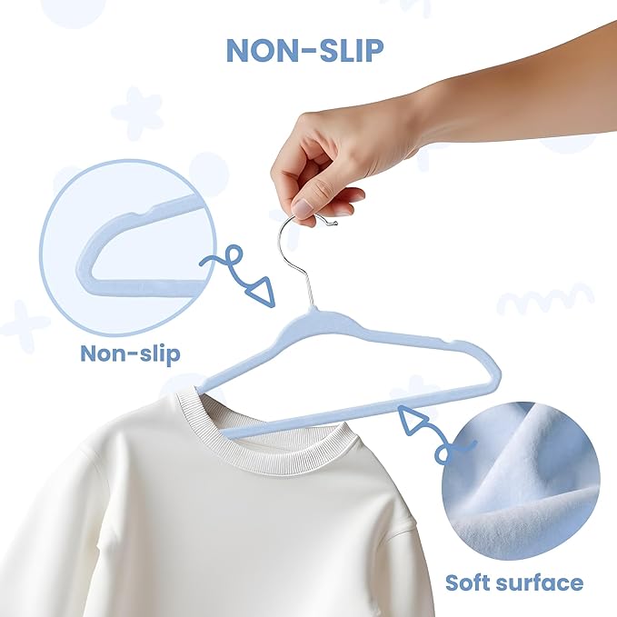 InfiniPower 30 Pack Kids Velvet Hangers, 11 Inch Baby Hangers with Non-Slip Design for Toddler Closet, Infant Clothes, Coats & Skirts, Blue