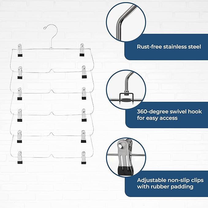 USTECH 6-Tier Skirt Hangers with Clips – Rust-Resistant Stainless Steel Multi-Layer Organizer for Skirts, Pants, and Women’s Clothing Storage – Non-Slip Adjustable Clips – Space Efficient, Pack of 4