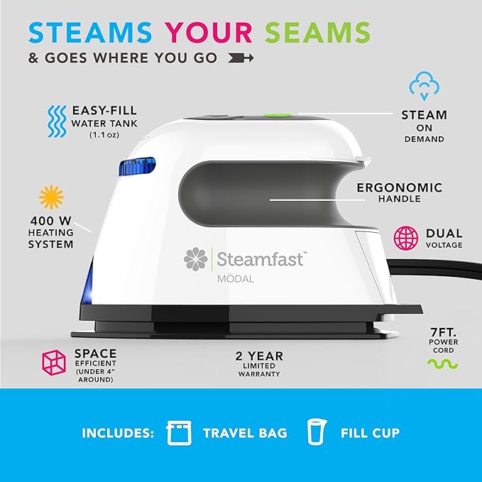 Steamfast Modal Dual-Voltage Craft Steam Iron, Non-Stick Sole Plate Tackles Stubborn Wrinkles, Temperature Control, Quick Heat Time, Portable, Travel Friendly, Easy to Clean, Cord Storage, White