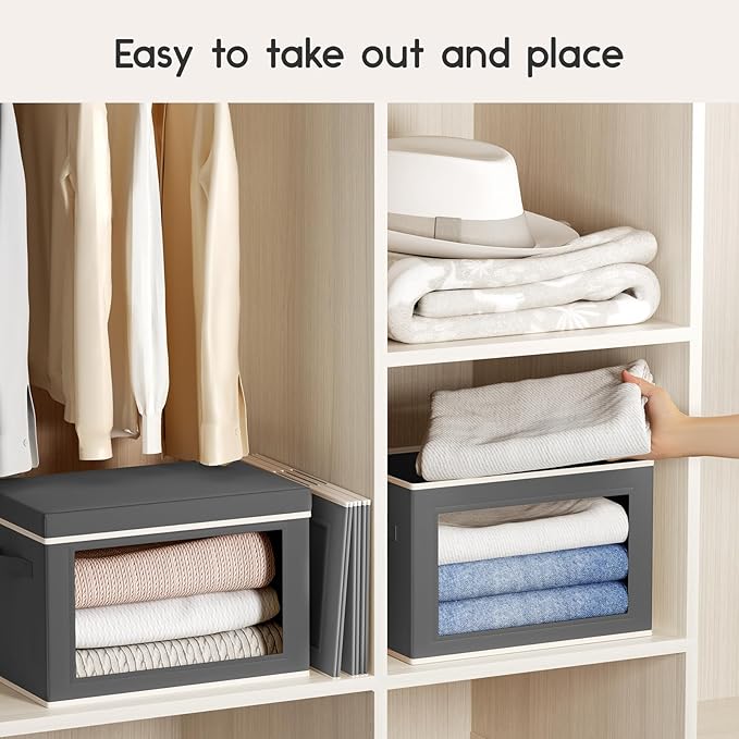 Collapsible Storage Bins with Lids - Stackable Storage Boxes with Window, 15.7 Inch Fabric Organizing Bins for Closet, Home & Office Organization Baskets, Dark Grey, 3 Pack