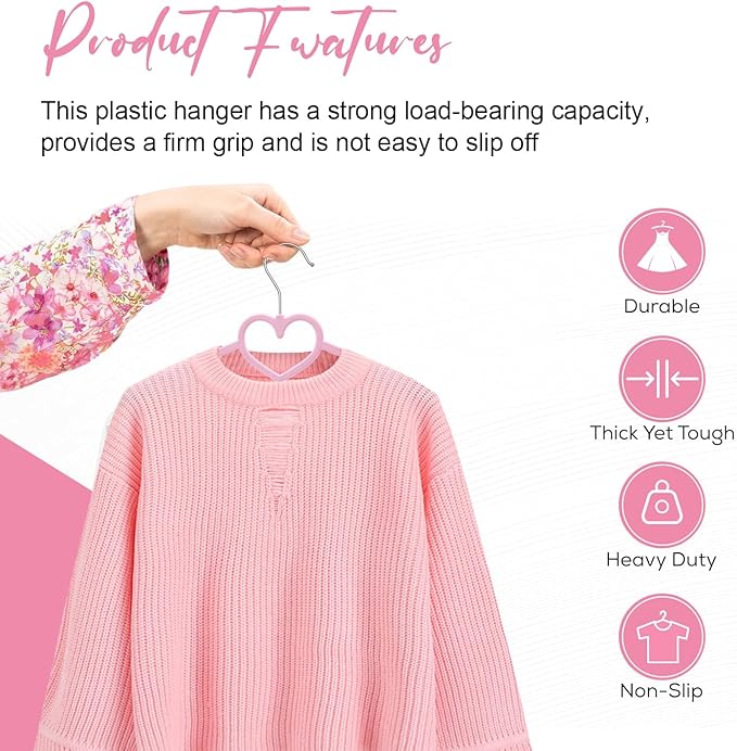 Plastic Hangers 30 Pack, Cute Heart Hangers Ultra Thin Space Saving with 360 Degree Swivel Hook &10 Clips-Strong and Durable Adult for Sweater,Dress, Shirt, Coat