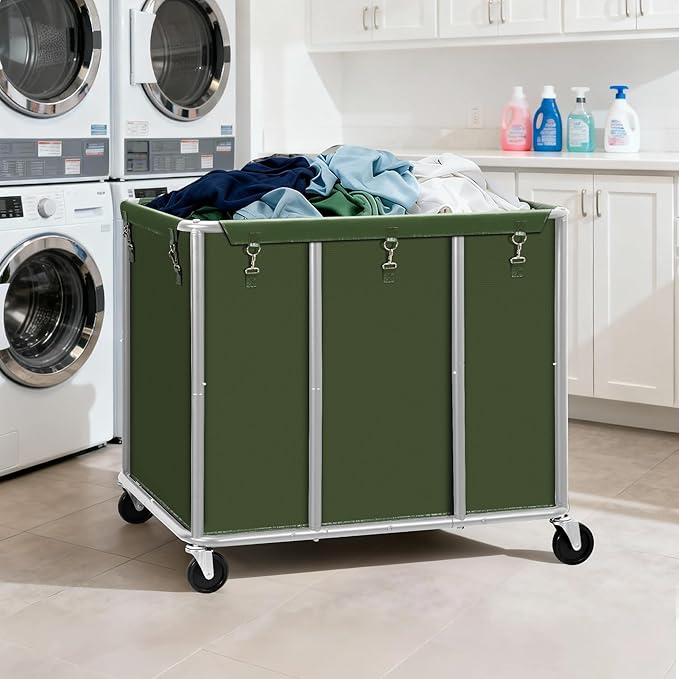 STO STO Commercial Laundry Cart with Lockable Wheels, Extra Large 420L Industrial Rolling Laundry Hamper with Metal Frame, Laundry Basket Trolley with Removable Waterproof Bag, 400 lbs Load, Green