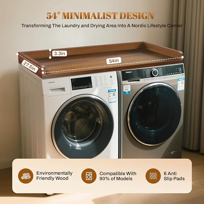 GCCSJ Washer Dryer Countertop, 54" Width x 27.5" Depth Wood Laundry Topper with Edge & Non-Slip Pads for Laundry Room Organization Storage & Clothes Folding, Walnut