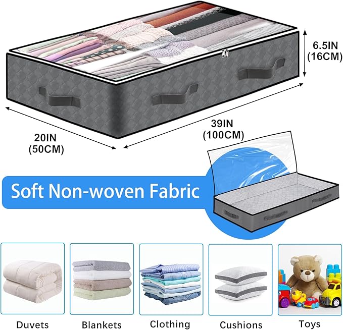 4 Pack Under Bed Storage, 90L Collapsible Closet Containers Organizers and Under Bed Storage Bins, Underbed Storage Bags for Wrapping Paper, Blanket, Towels, Clothes, Comforter, Sweaters, Linen Sheet