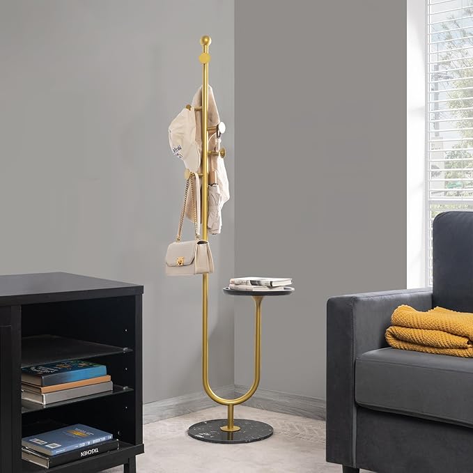 Coat Rack Freestanding with Table & 6 Hooks, Corner Coat Tree, Heavy-duty Marble Base Coat Rack Stand for Bedroom Living Room Office Entryway 13.78 x 13.78 x 68.11 Inches (Gold)