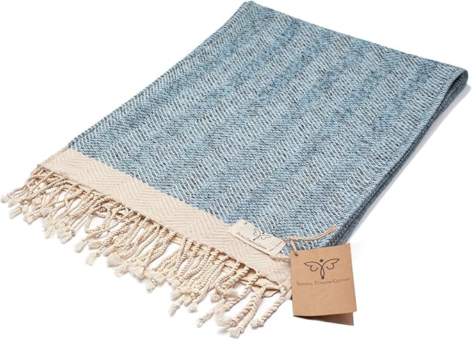 SMYRNA TURKISH COTTON Herringbone Series Turkish Hand Towels Set of 2, 16x40 inch, Decorative Turkish Hand Towels for Bathroom, Kitchen, Face, Hair, Tea, Yoga, Gym, Dishcloth Set of 2, Light Blue