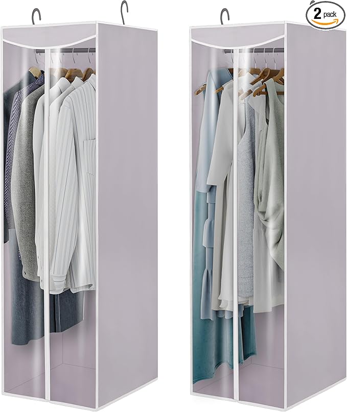 Garment Bags for Hanging Clothes Storage, Long Garment Cover with Zippered Clear Window for Closet Wardrobe Clothes Rack Organizer, Hanging Garment Bags for Dresses, Suits, 2 Pack, Gray