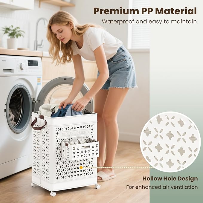 Giantex 75L Collapsible Laundry Baskets with Wheels, Foldable Laundry Basket with Wheels, Handles & Underwear Basket, Large Plastic Laundry Hamper for Bathroom, Bedroom, Dorm